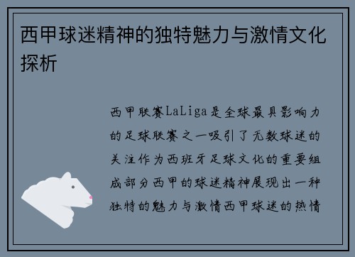 西甲球迷精神的独特魅力与激情文化探析